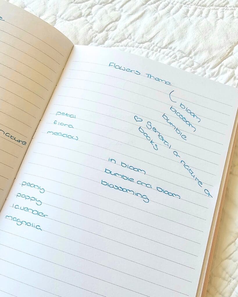 This is a photograph of a page from inside the notebook. It says "Flowers Theme" at the top. "Bloom, blossom, bumble, in bloom, bumble and bloom, blossoming, petal, flora, meadow, peony, poppy, lavender, magnolia" are listed below the heading.